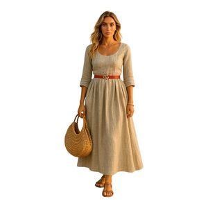 Elegant High Quality Linen Maxi Dress L